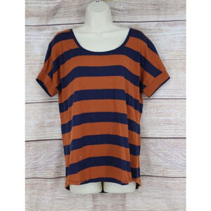 Y2K Quiksilver Womens Size Large Striped Short Sleeve Knit Top Shirt Brown Navy